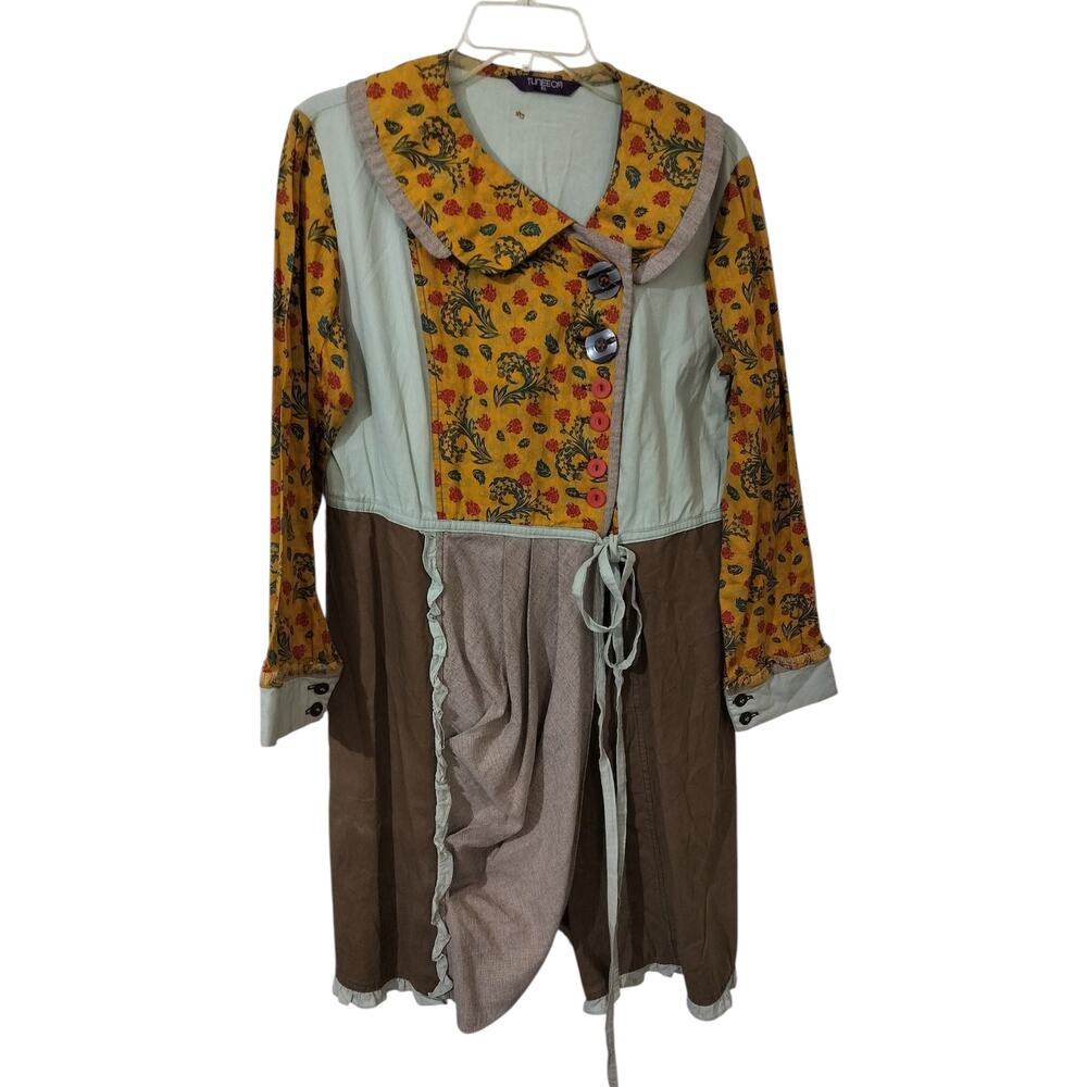3706)Tuneeca Patchwork Boho  Floral Long Sleeve Tie  Button Up Tunic Dress XL